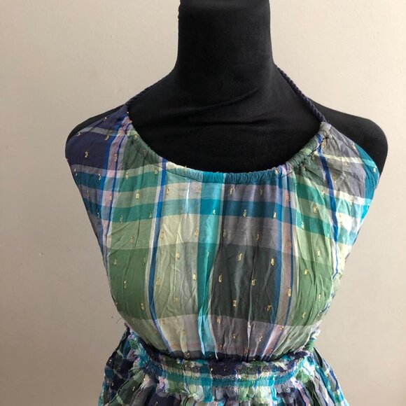 Aerie Blue Green Metallic Plaid Halter Ruffle Mini Dress Small Trendy‎ & Chic - Picture 3 of 9
